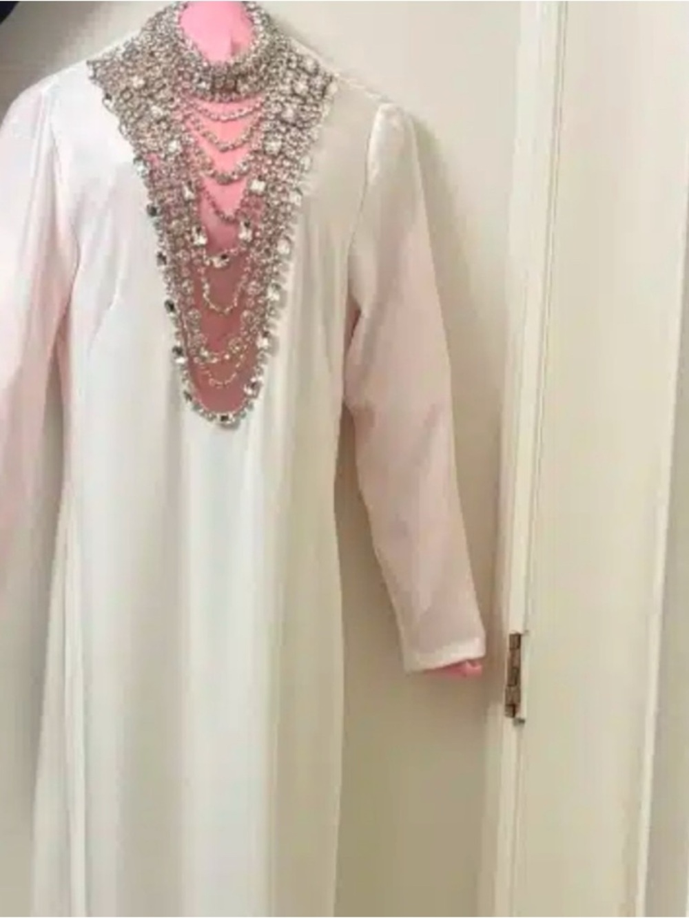 Elegant Ivory Maxi Dress with Pink Embellished Neckline